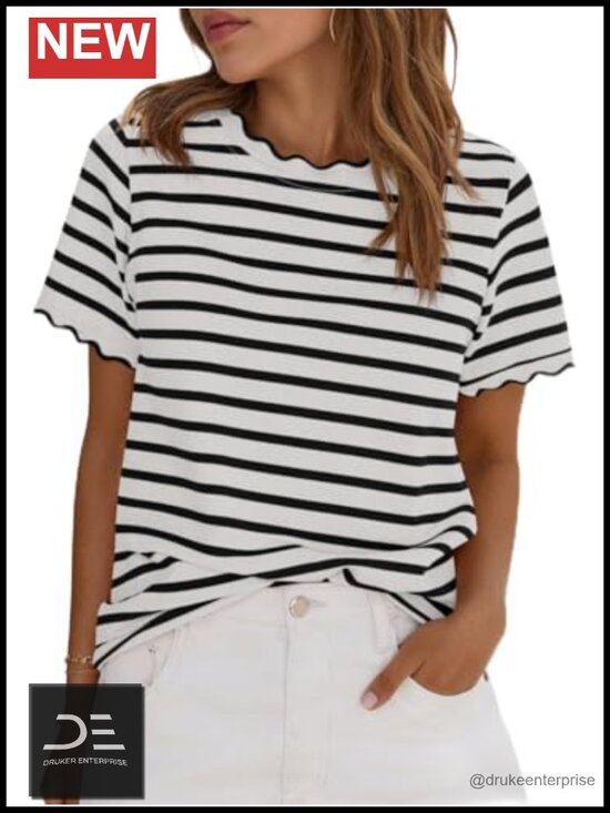 Tops - Striped Scalloped Trim Crew Neck Loose Fit Cotton Tee